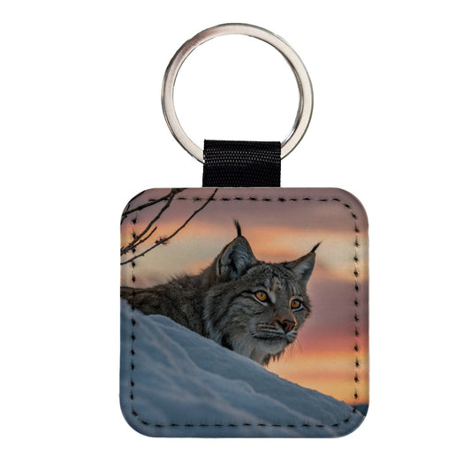 Canada Lynx At Sunset Square Faux Leather Keychain
