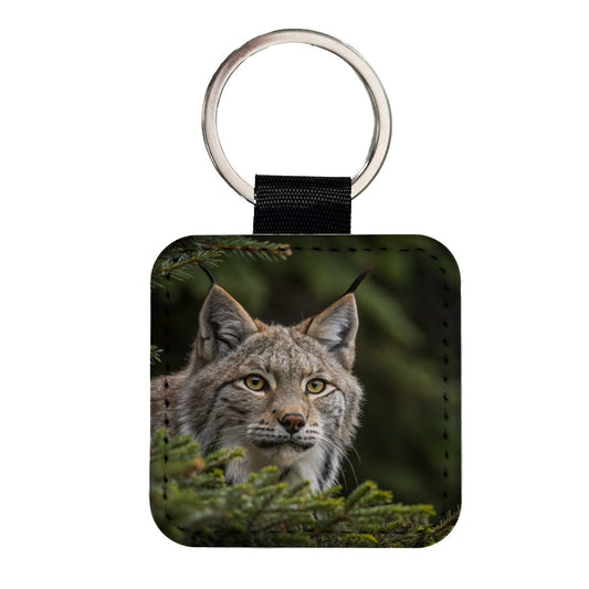 Canada Lynx Wildlife Nature Square Faux Leather Keychain