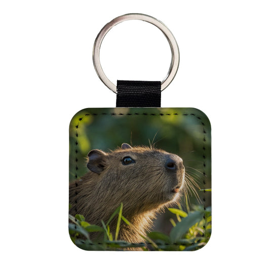 Capybara Wildlife Nature Scene Square Faux Leather Keychain
