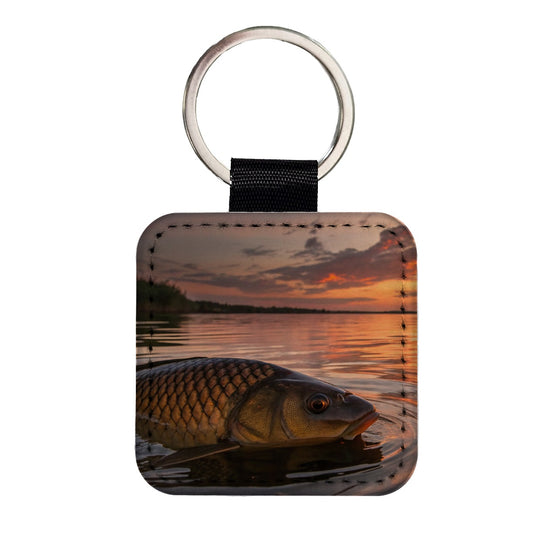Carp Fishing At Sunset Square Faux Leather Keychain