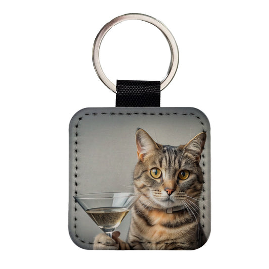Cat Martini Glass Funny Square Faux Leather Keychain