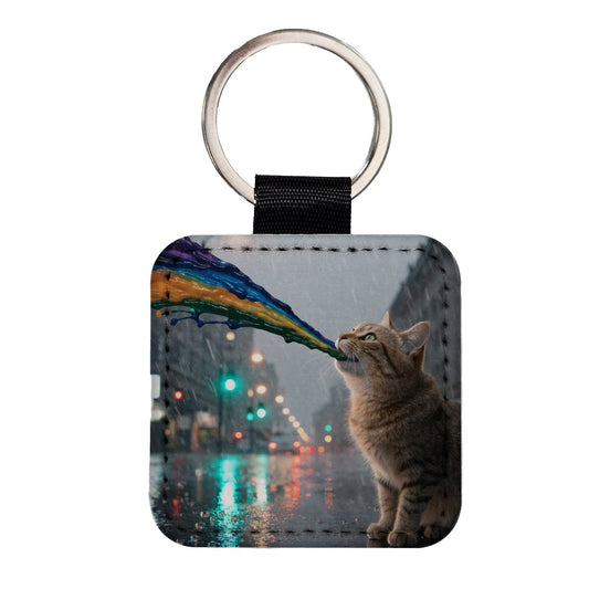 Cat Puking Rainbow Funny Square Faux Leather Keychain
