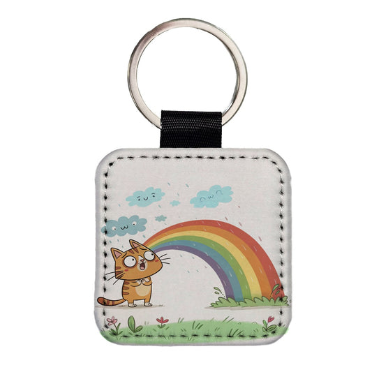 Cat Rainbow Pride Square Faux Leather Keychain