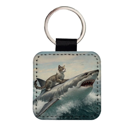 Cat Riding Shark Funny Square Faux Leather Keychain