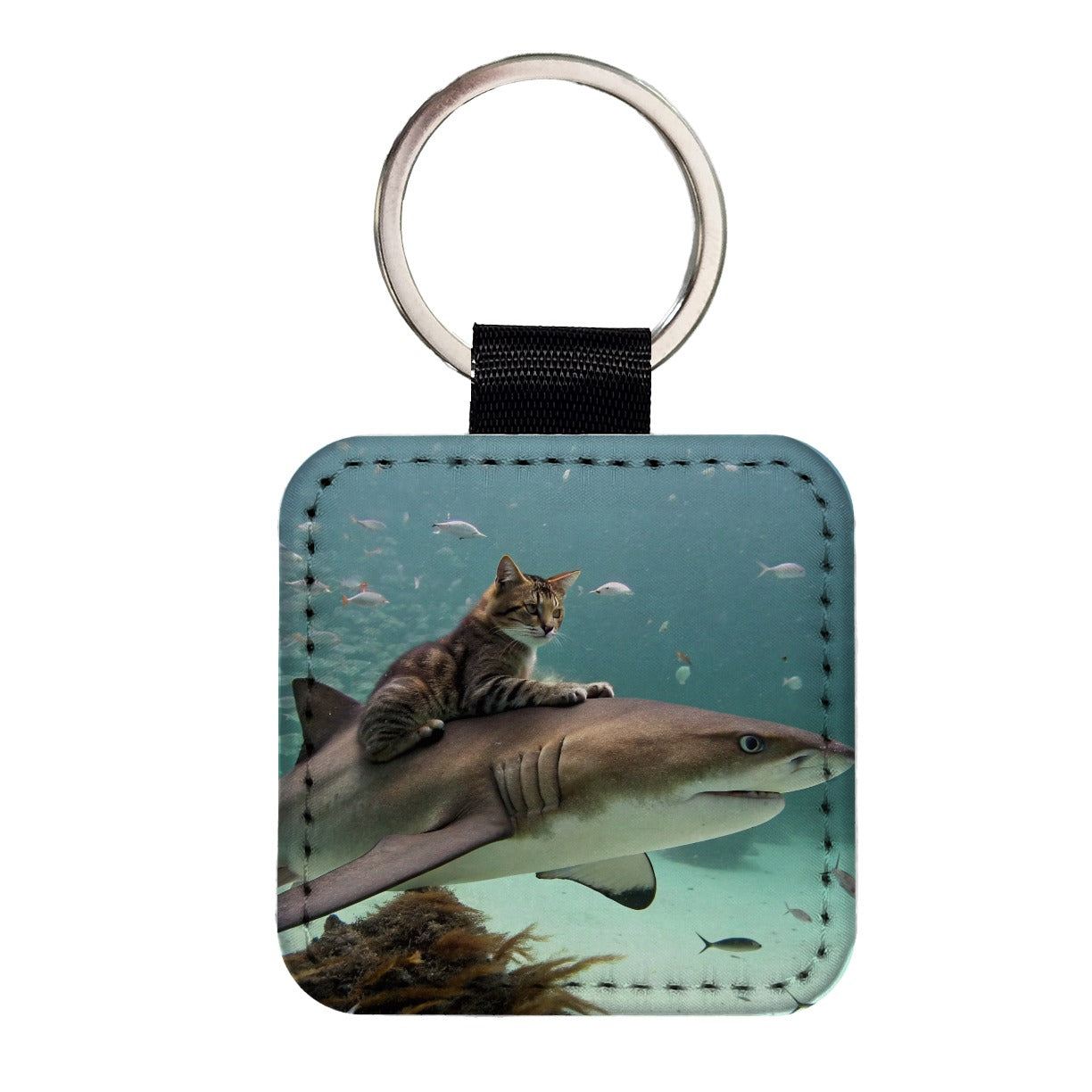 Cat Riding Shark Under Water Square Faux Leather Keychain