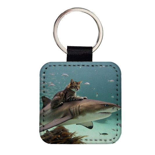 Cat Riding Shark Under Water Square Faux Leather Keychain