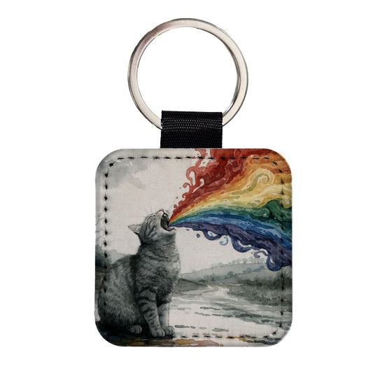 Cat Vomiting Rainbow Watercolor Square Faux Leather Keychain