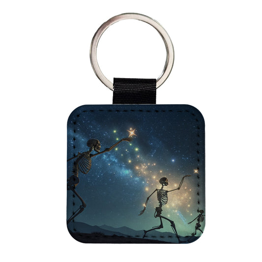 Celestial Dancing Skeletons Halloween Square Faux Leather Keychain