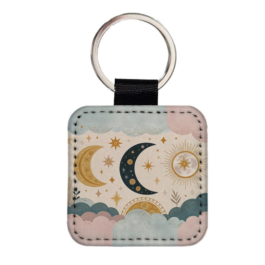 Celestial Moon Collage Square Faux Leather Keychain