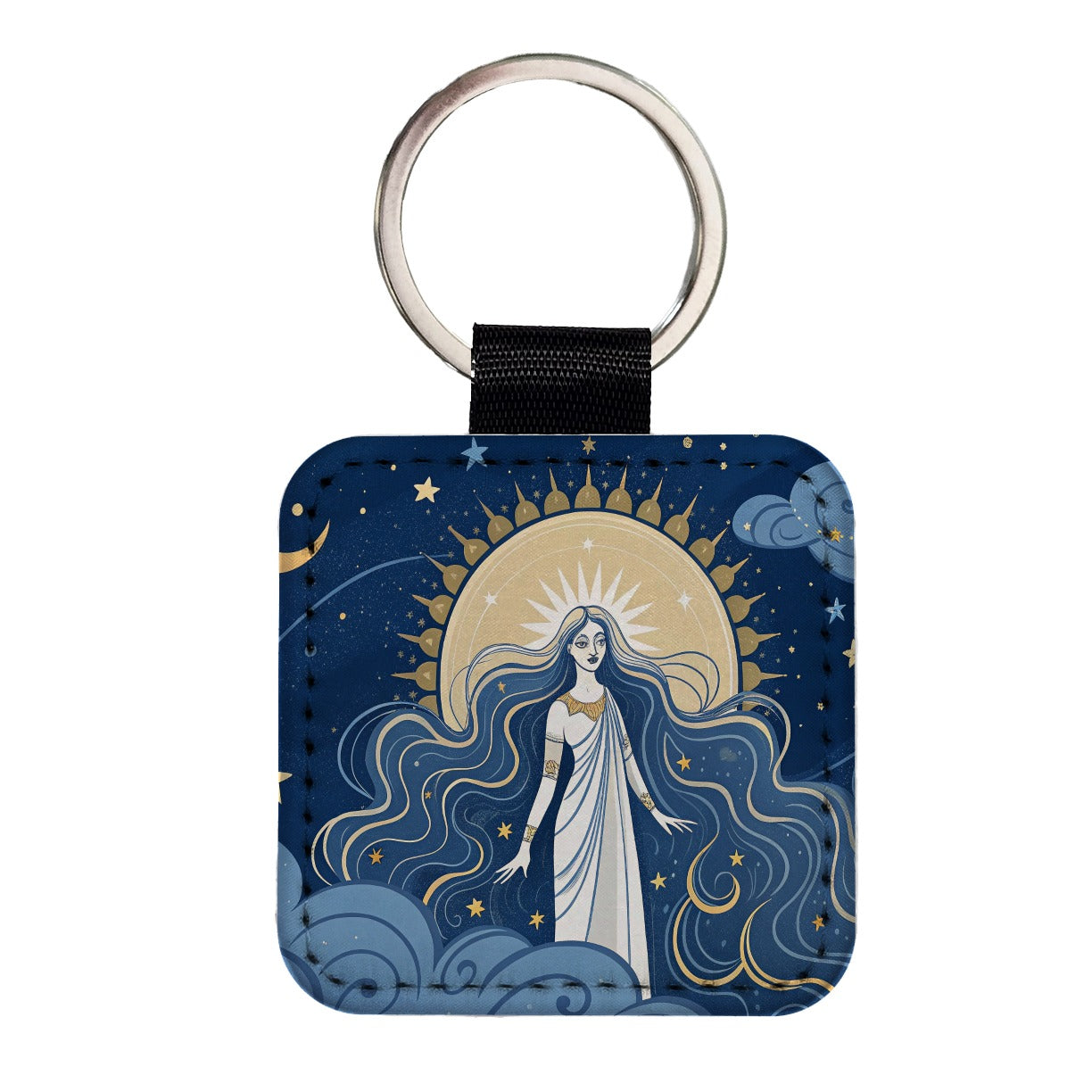 Celestial Moon Goddess Tarot Square Faux Leather Keychain