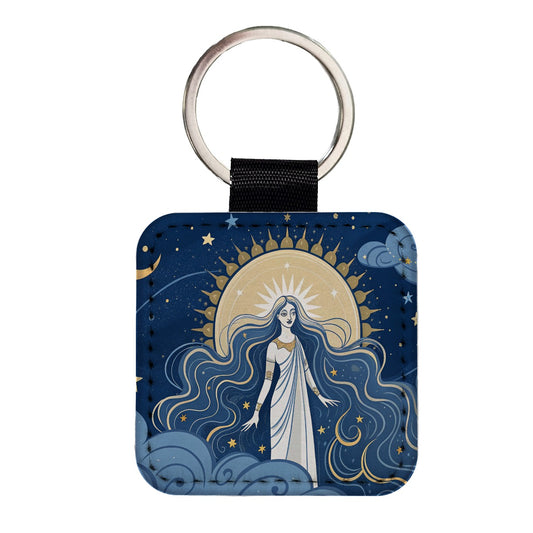 Celestial Moon Goddess Tarot Square Faux Leather Keychain