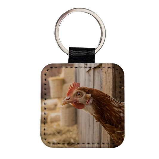 Chicken Barnyard Farm Life Square Faux Leather Keychain