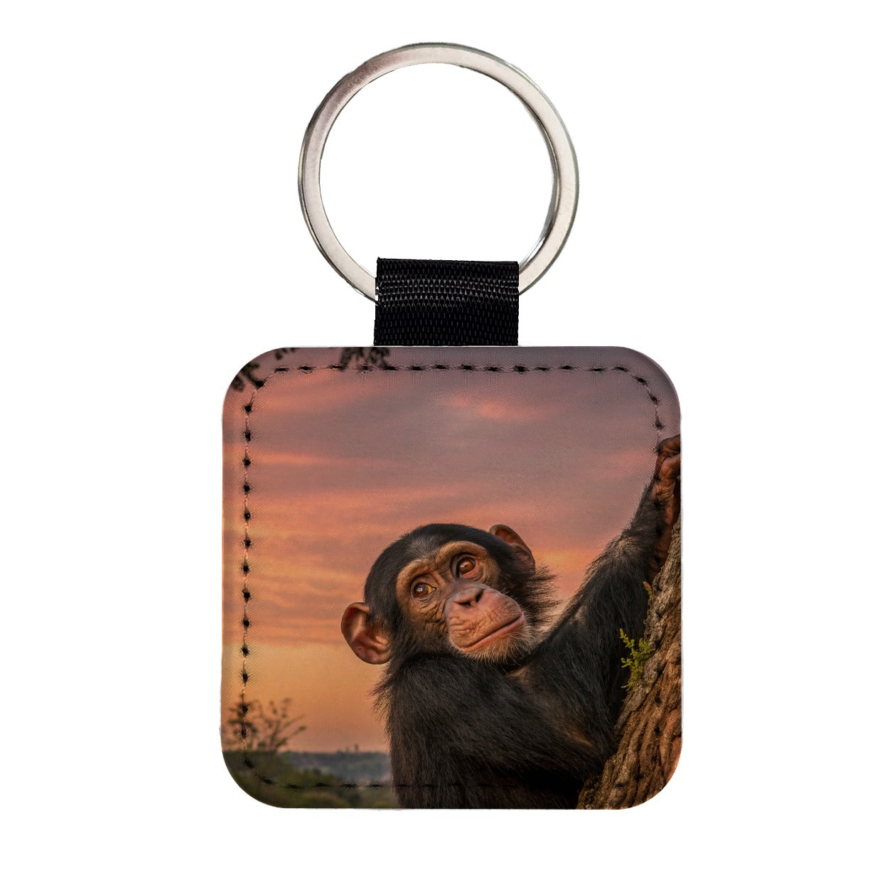 Chimpanzee Ape At Sunset Square Faux Leather Keychain