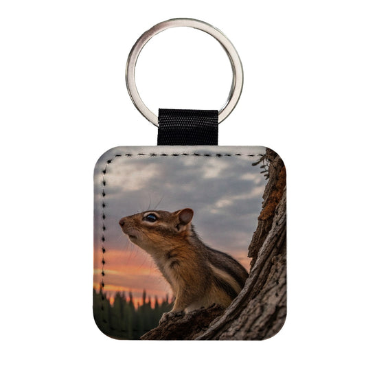Chipmunk At Sunset Square Faux Leather Keychain