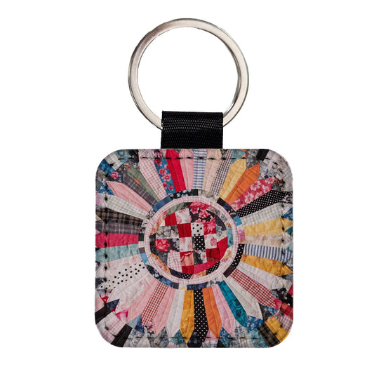 Circular Quilt Square Faux Leather Keychain