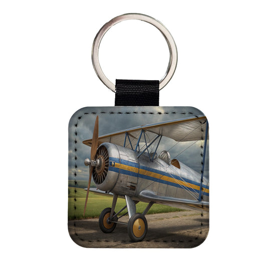 Classic Biplane Vintage Aircraft Square Faux Leather Keychain
