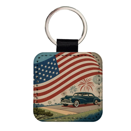 Classic USA Flag Celebration Patriotic Square Faux Leather Keychain