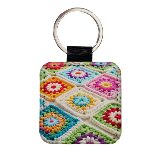 Colorful Crochet Granny Squares Square Faux Leather Keychain