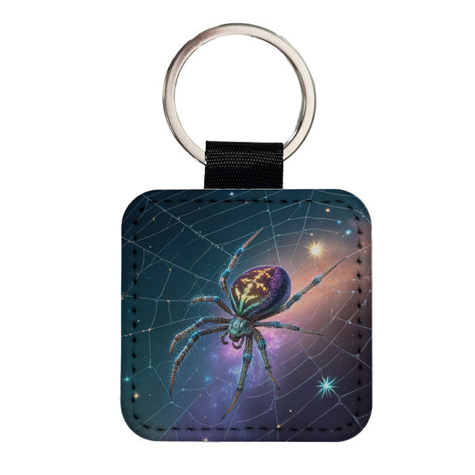 Cosmic Spider Web Halloween Square Faux Leather Keychain