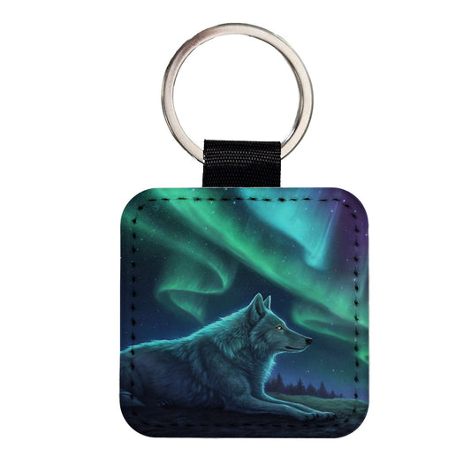 Cosmic Wolf Northern Lights Square Faux Leather Keychain