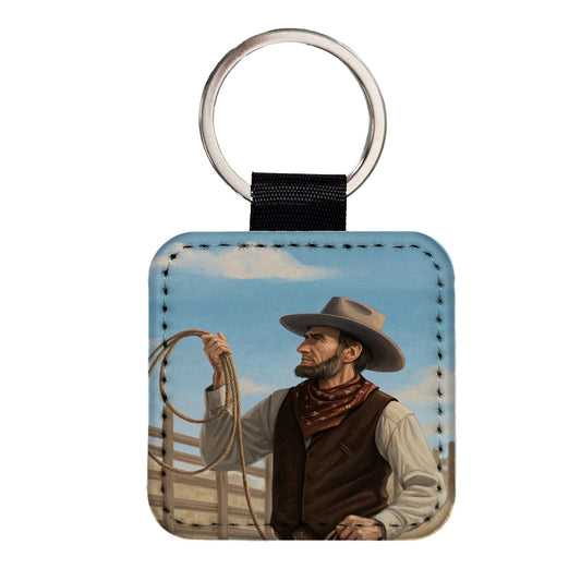 Cowboy Abraham Lincoln Square Faux Leather Keychain