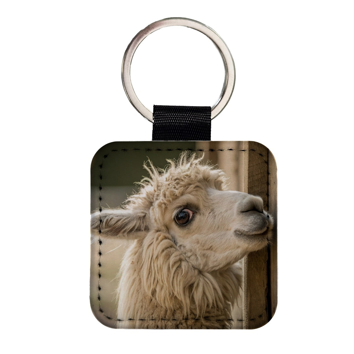 Curious Alpaca Close Up Square Faux Leather Keychain