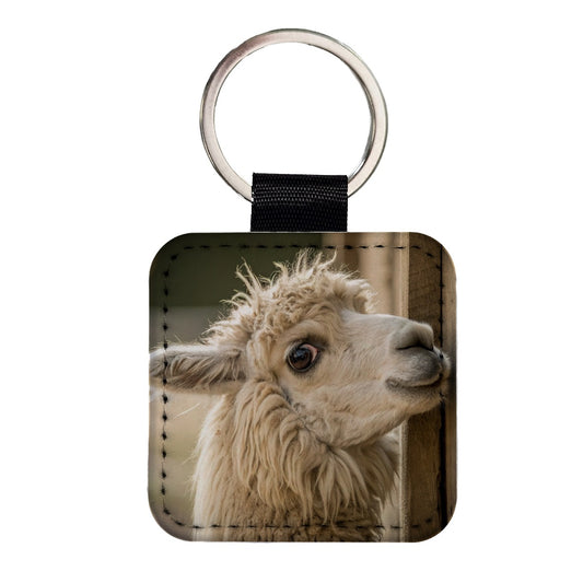 Curious Alpaca Close Up Square Faux Leather Keychain
