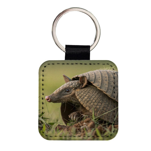 Curious Armadillo Wildlife Nature Square Faux Leather Keychain