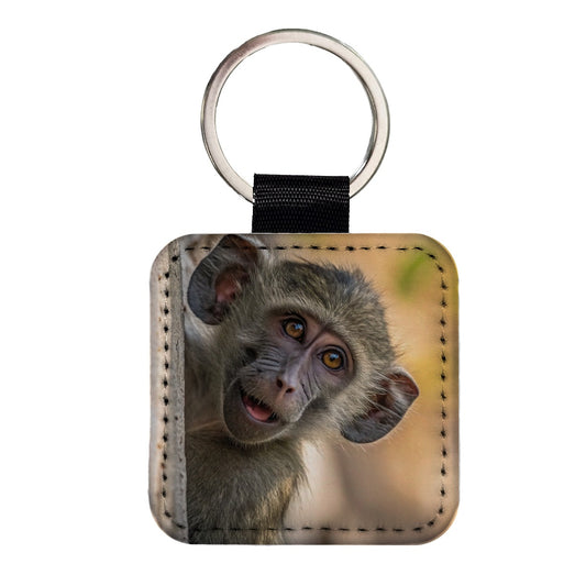 Curious Baboon Wildlife Nature Square Faux Leather Keychain