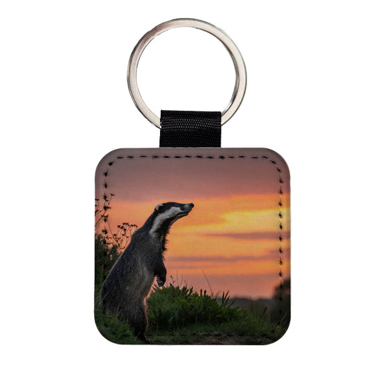 Curious Badger Sunset Scene Square Faux Leather Keychain