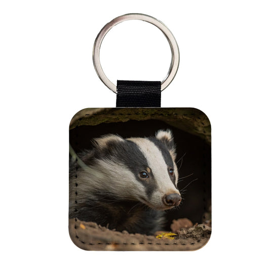 Curious Badger Wildlife Nature Square Faux Leather Keychain