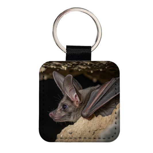 Curious Bat Cave Wildlife Square Faux Leather Keychain