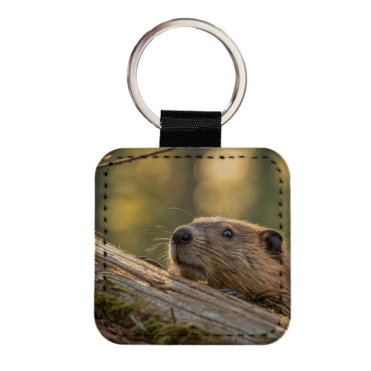 Curious Beaver Wildlife Nature Square Faux Leather Keychain