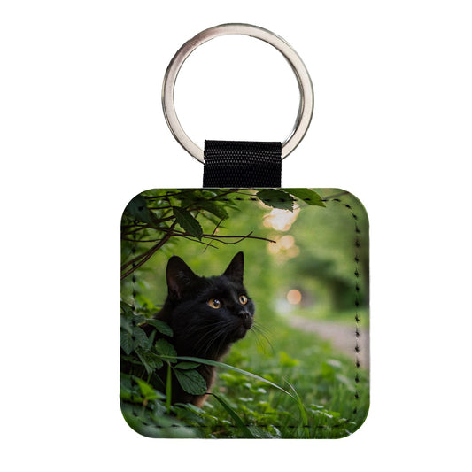 Curious Black Cat Nature Square Faux Leather Keychain