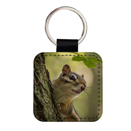 Curious Chipmunk Wildlife Nature Square Faux Leather Keychain