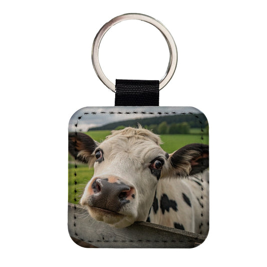 Curious Cow Farm Life Square Faux Leather Keychain