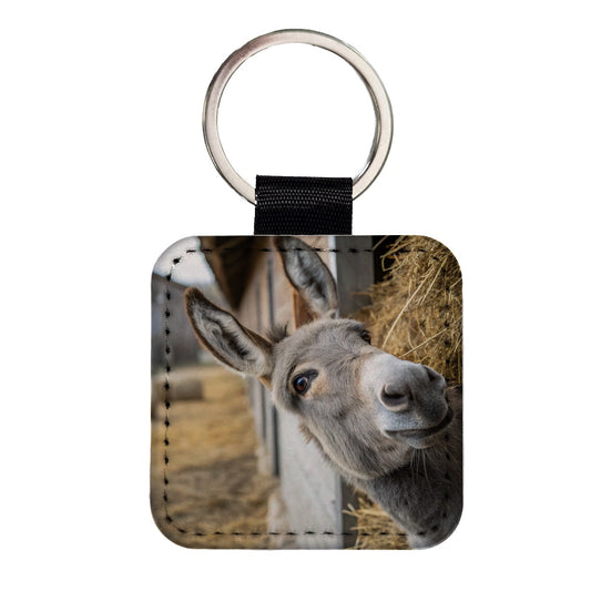 Curious Donkey Farm Life Square Faux Leather Keychain