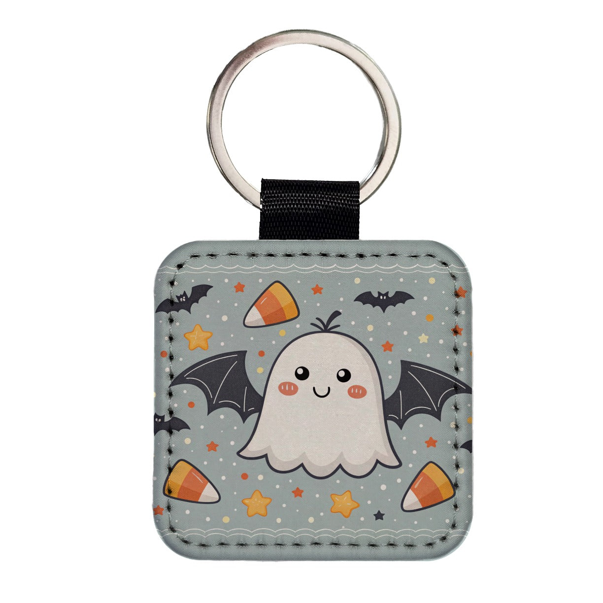 Cute Ghosts Bats Candy Corn Halloween Square Faux Leather Keychain
