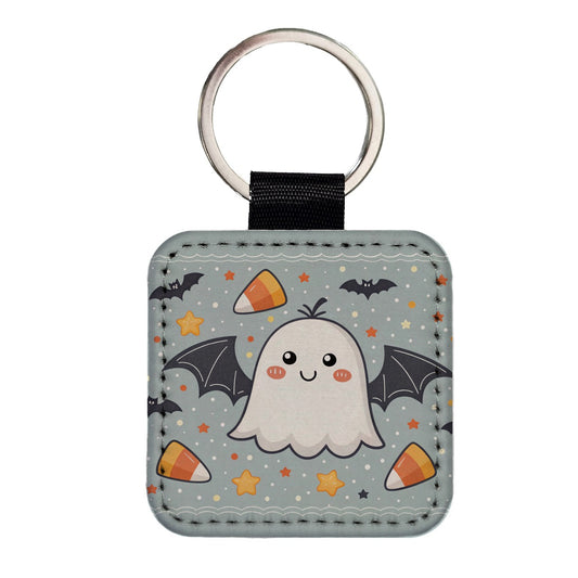Cute Ghosts Bats Candy Corn Halloween Square Faux Leather Keychain