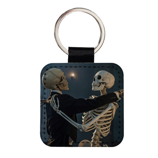 Dancing Skeleton Couple Halloween Square Faux Leather Keychain