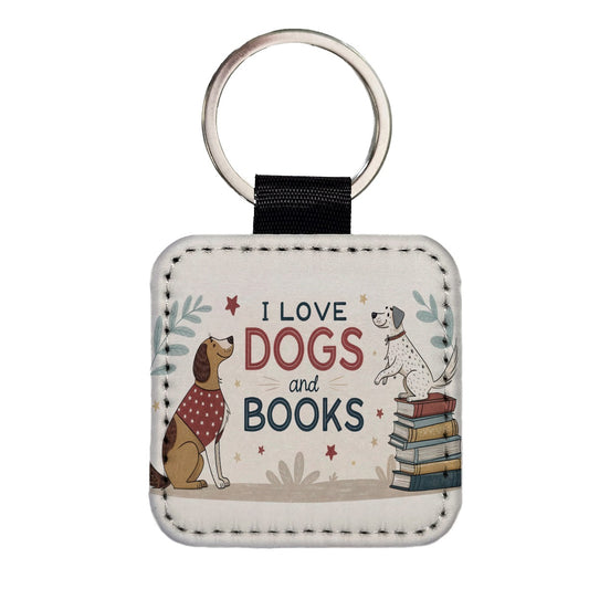 Dogs Books Love Reading Square Faux Leather Keychain