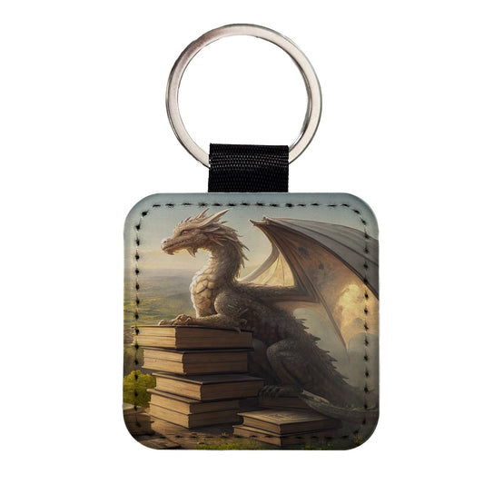 Dragon Books Reading Mountaintop Square Faux Leather Keychain