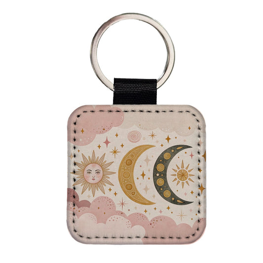 Dreamy Moon and Stars Square Faux Leather Keychain