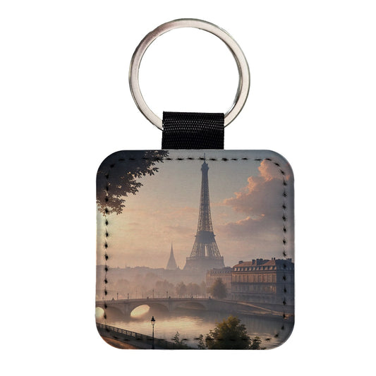Eiffel Tower Paris France Morning Square Faux Leather Keychain