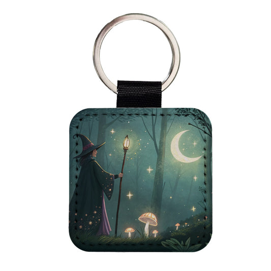 Enchanted Forest Witch Scene Square Faux Leather Keychain