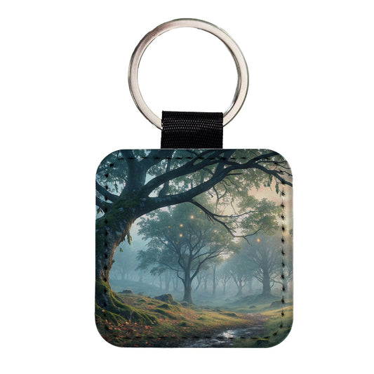 Enchanted Woodland Forest Landscape Square Faux Leather Keychain