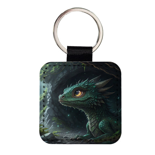 Fantasy Dragon Cave Scene Square Faux Leather Keychain