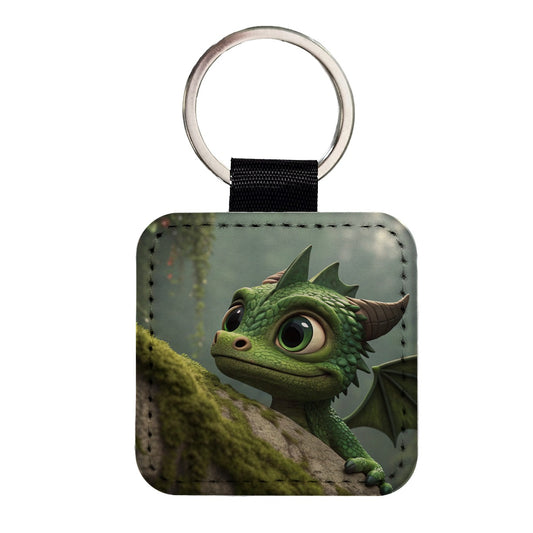 Fantasy Dragon Forest Nature Square Faux Leather Keychain