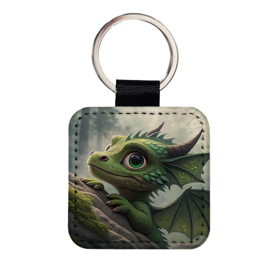 Fantasy Dragon Forest Scene Square Faux Leather Keychain