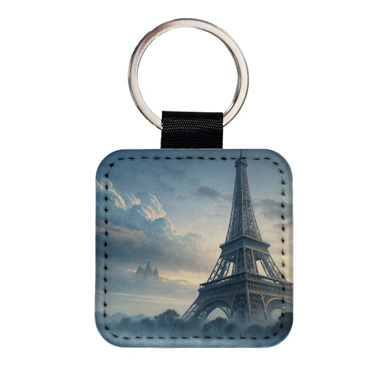 Foggy Eiffel Tower Paris Square Faux Leather Keychain